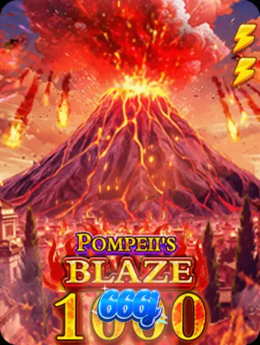 Tampilan visual slot Pompeii’s Blaze 1000 dengan tema gunung berapi dan simbol kerajaan.